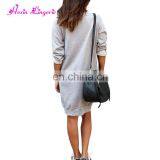 High Quality Gray Hollow v Neck Long Sleeves European Long Sleeve Casual Autumn Dress thumbnail-4