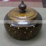 Wooden Hand Carved Bowl With Lid With Brass Work thumbnail-1