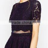 China Guangzhou Clothing OEM Scalloped Edges Round Neckline Crop Top Mesh Insert Midi Women Dress thumbnail-3