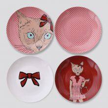 Nordic Simple Style Hand Made Cartoon Cat Dog Red White Plate For Food And Wall Decoration