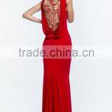 Elegant Long Beaded See Through Back Bowl Neck Red Evening Dress Sweep Train thumbnail-4