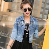 2016 Fashion Plastic-based Imitation Pearl Beads and Washing Long Sleeves Short Denim Jacket For Women LD-053 thumbnail-2