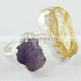 Rough Stone !! Ctrine & Amethyst !! Silver Gold Plated Ring, Handmade Silver Jewelry, Silver Jewelry thumbnail-1