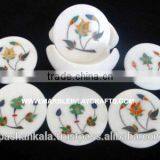 Marble Inlay Round Tea Coaster Set, Handmade Marble Inlay Coffee Coaster