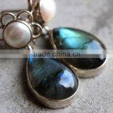 Falak Gems Labradorite Pearl Earrings - Artisan Sterling Silver - Bezel Set Earrings - Gemstone Earrings thumbnail-1