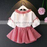Kids Clothes Speaker Sleeve White Shirt Round Collar Match Gingham Skirt Short Pants Fashion Clothing Set For Children thumbnail-5