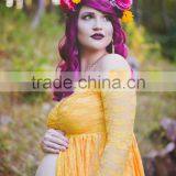 Gold Split Lace Off Shoulder Long Sleeves Maternity Gown Dress Pregnant Woman Mustard Lace Maxi Dress thumbnail-2