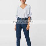 Batwing V Neck Bodysuit Women Casual Frill Sleeve Blouse Designs thumbnail-4