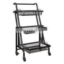New Household Carbon Steel 3-tier Kitchen Storage Rack Cart Foldable Kitchen Trolley With Wheels
