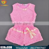 Latest Design Wholesale Baby Children Clothing Fashion Style Baby Girl Beaded Cotton Top With Rose Lace Shorts Beautiful Suits