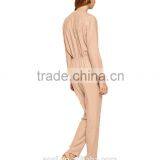Long Sleeve V-neckline Pink Wrinkled Elastic Elegant Women Long Jumpsuit thumbnail-4