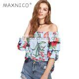 MAXNEGIO Ladies Crop Top Chest Floral Printing off Shoulder Blouse for Women thumbnail-1