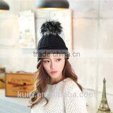 Puffs Fox Fur Ball Wool Cotton Hats Knitted Beanie Real Fox Furry Pom Pom Bomber Hats Bonnet Crochet Large Fluffy Ball Hats thumbnail-1