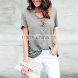 Women's Short Sleeve V-neck Sexy t Shirt With Eyelet Lace-up thumbnail-3
