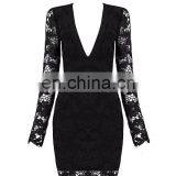 2017 Newly Black Elegant Lace Long Sleeve Dew Chest Bandage Dress Sexy Deep V Neck Mini Evening Dresses for Women Party Wear thumbnail-2