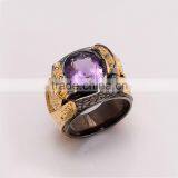 925 SOLID STERLING FINE SILVER AMETHYST RING BLACK & GOLD RHODIUM thumbnail-1
