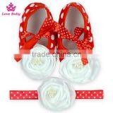 Fancy Polka Dot Floral Newborn Crib Shoes Baby Shoes Matching Headband thumbnail-1