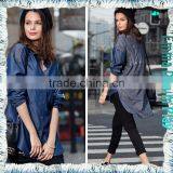 Long Sleeve Patches Longline Jean Shirts for Ladies thumbnail-1