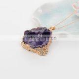 New Fashion Natural Quartz Crystal Gemstone Druzy /Drusy Necklace Link Cable Chain Gold Plated Irregular Purple Pendant thumbnail-2