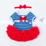 Summer Little Girl Boutique clothing Baby Girls Outfits striped blue white romper & Tutu Skirt With Headband Independence Day
