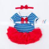 Summer Little Girl Boutique Clothing Baby Girls Outfits Striped Blue White Romper & Tutu Skirt With Headband Independence Day