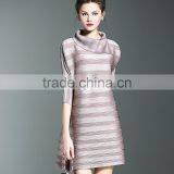 Women Striated Polo Neck Casual Pleated Dresses thumbnail-4
