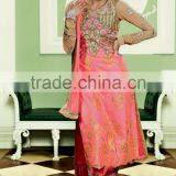 Florocent Pink Color on Gold Print Stone Work Buttas Embroidery Heavy Design All Over Designer Semi Stitch Salwar Kameez thumbnail-1