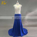 Elegant High Neck Cap Sleeve See Through Full Back Blue Fish Cut Evening Dress Beaded