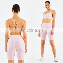 Ribbed Seamless Yoga Short Set Women Summer Activewear Sports Fitness Gym Yoga Bra Cross Back thumbnail-4