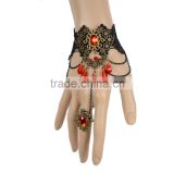 Vintage Fashion Jewelry Black Hollow Lace withe Ally Red Bead Crystal Ring for Women Gift