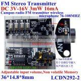 New Product ! FM Stero Transmitter Module/board Dc3-16v 3mw 16mA,power-off Memory Function ,76-108Mhz,adjustable Input Volume