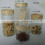 4 Pcs Clear Cylinder Diamond Pattern Glass Jar Wooden Lid thumbnail-1