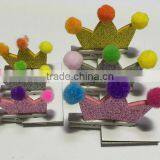China New Design Cute no Slip Princess Crown Polyester Hair Clips Fabric Hairpin With Sequin Pompon for Bulk Boutique thumbnail-3