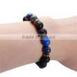 New Fashion Stone Lava Lapis Lazuli Beaded Healing Bracelet Black Gold Tone Antique Gold Elastic thumbnail-3