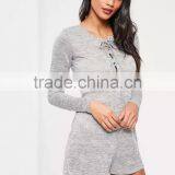 Grey Lace Up Romper Cut Hole Button With Long Sleeve Custom Cotton Blends Stretchy Slim Women Pyjamas thumbnail-6