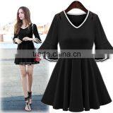 F20099A High quality fancy dress for fat women plus size v neck dress trumpet sleeve hollow out summer dress