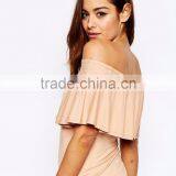 Women Off Shoulder Bodysuit With Ruffle Detail And Thong Plain Flower Hem Sexy Bodysuit thumbnail-3