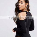 High Neck And Cold Shoulder Bodysuit Plain Black Spandex Tight Bodysuit Women Wholesale Price thumbnail-3