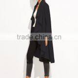Black Drape Front Dip Hem Waterfall Coat 100% Polyester Long Sleeve Casual Knee Length Opening Dress thumbnail-3