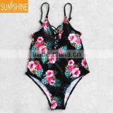 Custom Printed Swimwear Black Tan Mesh Cutout One Piece Swimsuit thumbnail-1