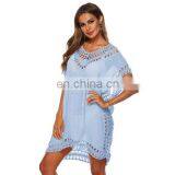 Solid Color V-neck Hand Hook Stitching Sexy Hollow Loose Beach Bikini Blouse Skirt Dress thumbnail-3