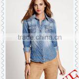 2014 Autumn Women's Long Sleeve Lab Washed Denim Slim-fit Fashion Shirt With Lace thumbnail-1