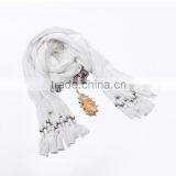 White Silk Scarves With Silver Metal Ornaments Pendant