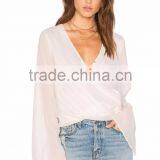 Latest Design Women Wrap Top Long Bell Sleeve Smart Lady Tops and Blouses thumbnail-1
