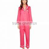 Contrast Piping Long Sleeves Pyjamas Set Notched Collar Left Chest Pocket Pink Silk Satin Sleepwear thumbnail-6