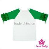 High Quality Raglan Sleeve Soft Cotton White Tops Fabric With Ruffle Green Sleeves Kids Girls Clothing thumbnail-1
