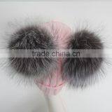 Myfur Baby Pink Wool Ribbed Knit Hat With Removable Silver Fox Fur Pom Poms thumbnail-5