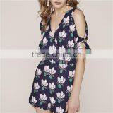 Classy Cold Shoulder Floral Printecd Short Rompers With Adjustable Sleeves thumbnail-2