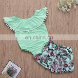 2019 Cotton Infant off Shoulder Short Sleeve Blue Bodysuit + Floral Girls Tutu Shorts Set Infant Romper 2Pcs/Set thumbnail-1
