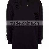 Plain Black Extreme Ripped Oversized Longline Distressed Hoodie Split Side Drawstrings Blank Sweatshirt Men thumbnail-2